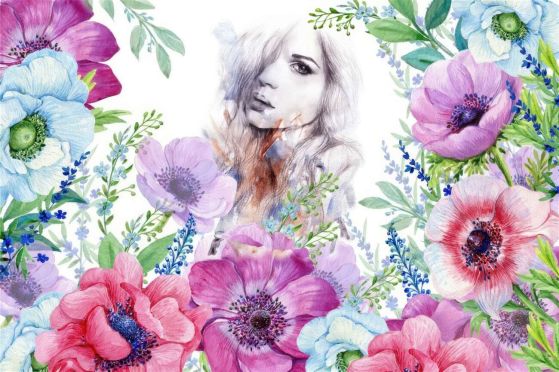 Carta da parati Un'immagine delicata di una ragazza e bellissimi fiori