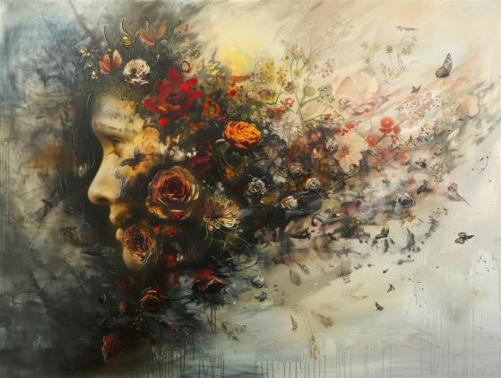 Carta da parati Immagine di una ragazza con un'astrazione di fiori